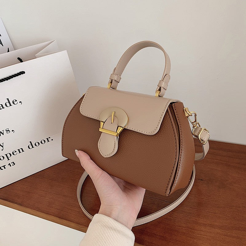 Color Block Dome Top Handle Bag with Buckle - Brown