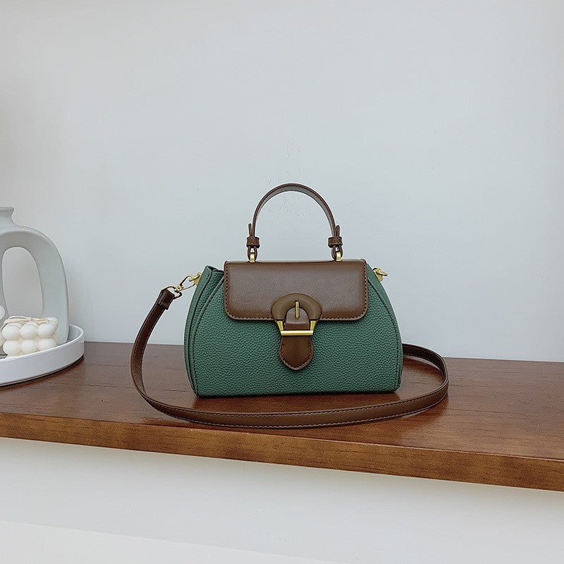 Color Block Dome Top Handle Bag with Buckle - Green