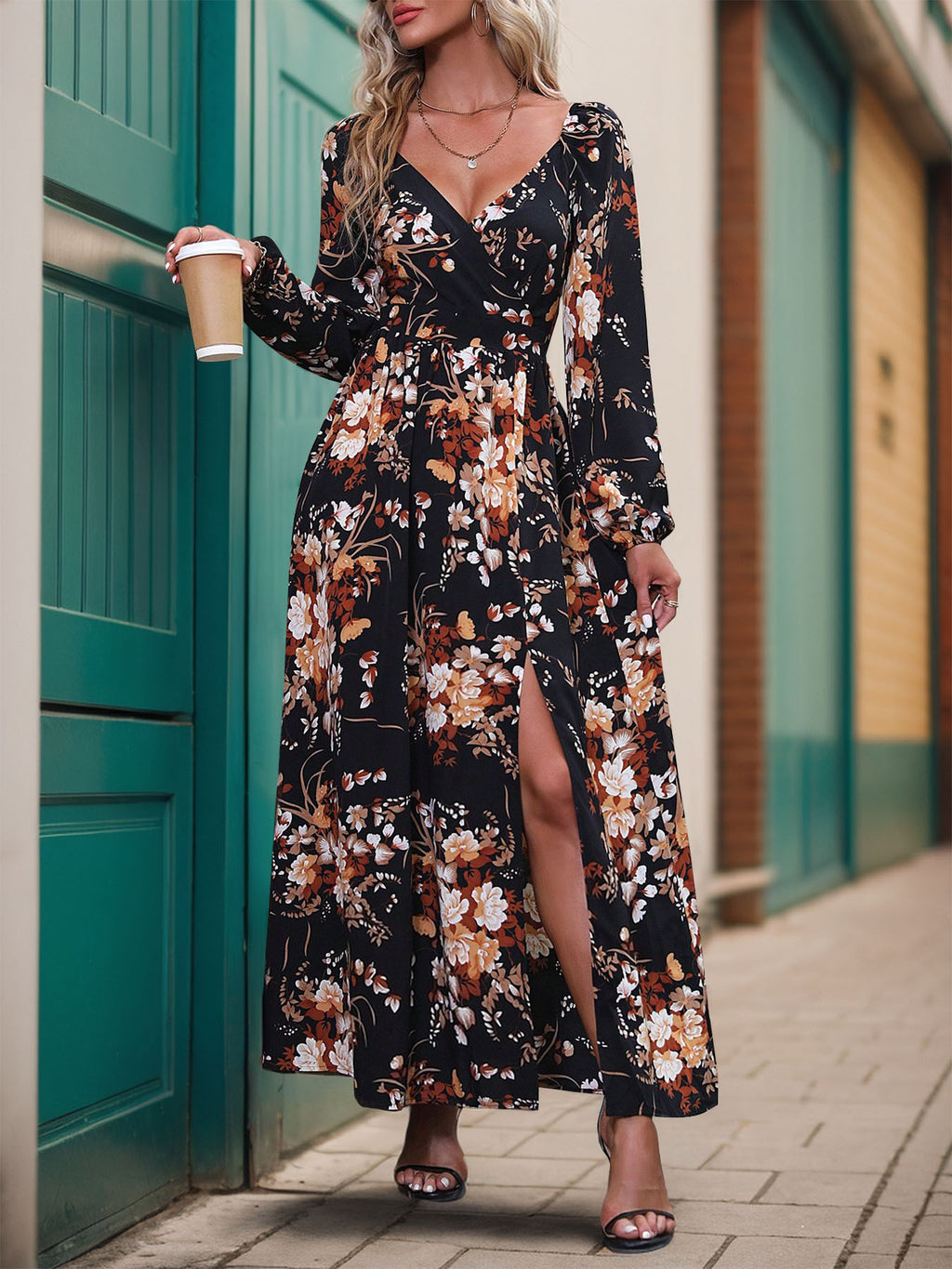 Floral Surplice Long Sleeve Maxi Dress - Black - 1