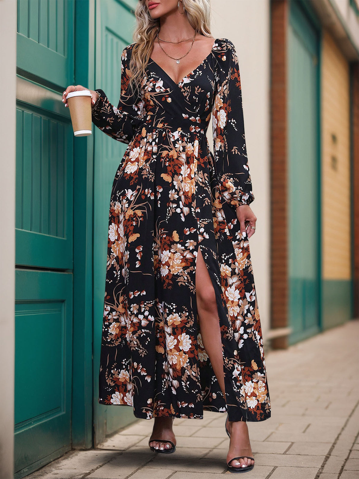 Floral Surplice Long Sleeve Maxi Dress - Black - 1