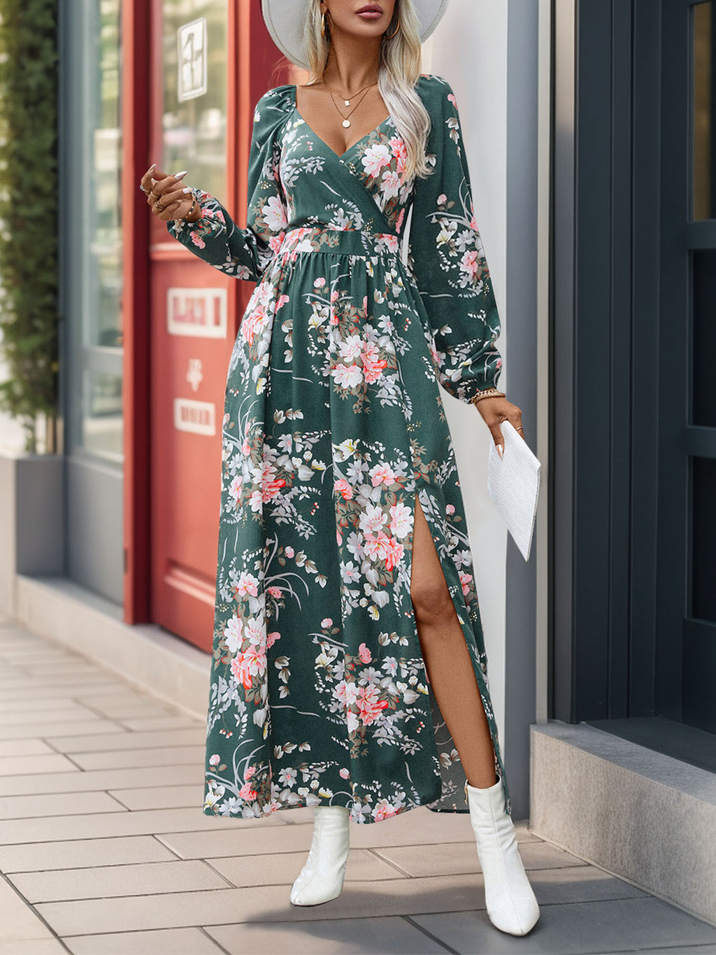 Floral Surplice Long Sleeve Maxi Dress - Darkgreen - 1