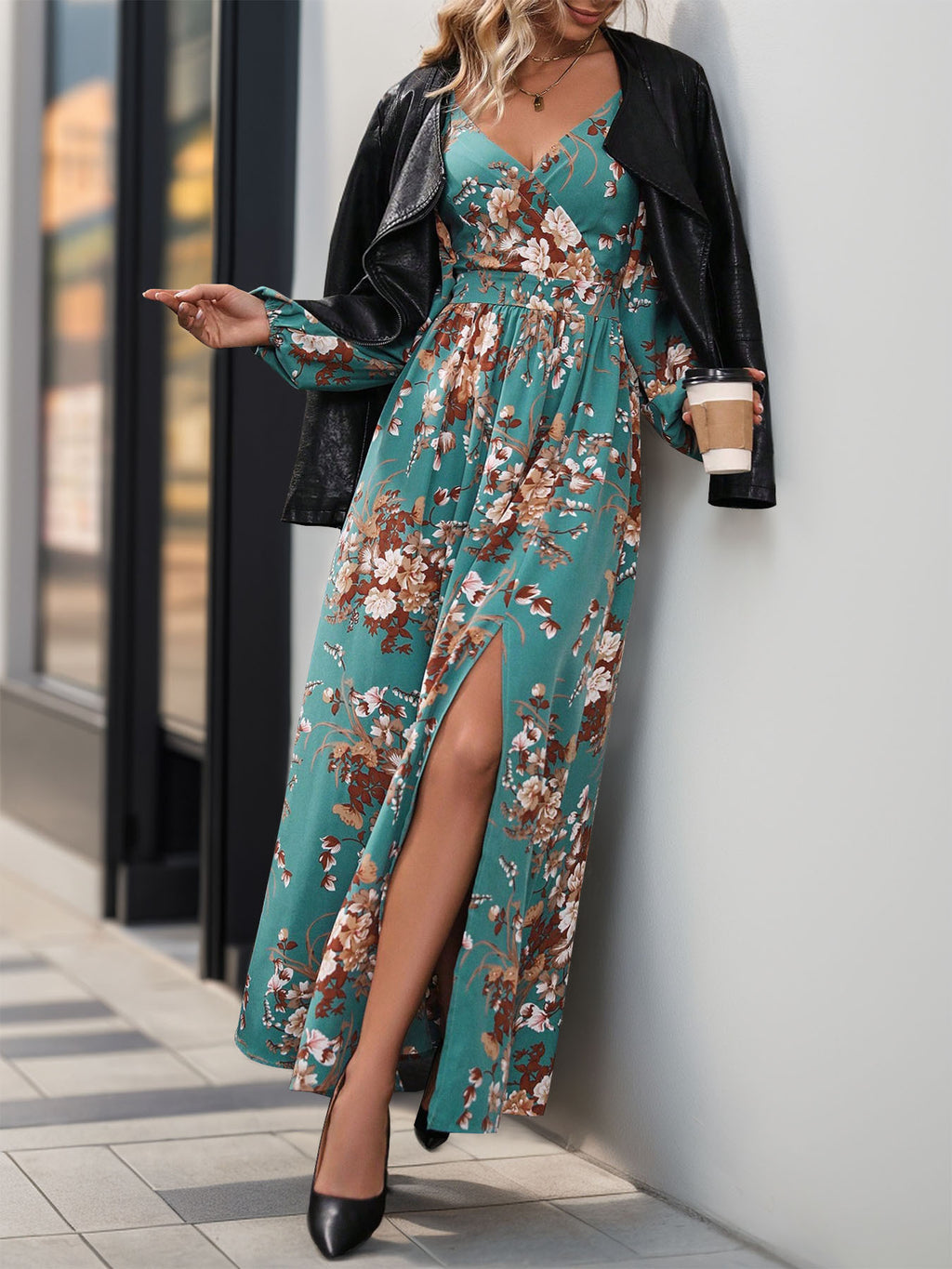 Floral Surplice Long Sleeve Maxi Dress - Green