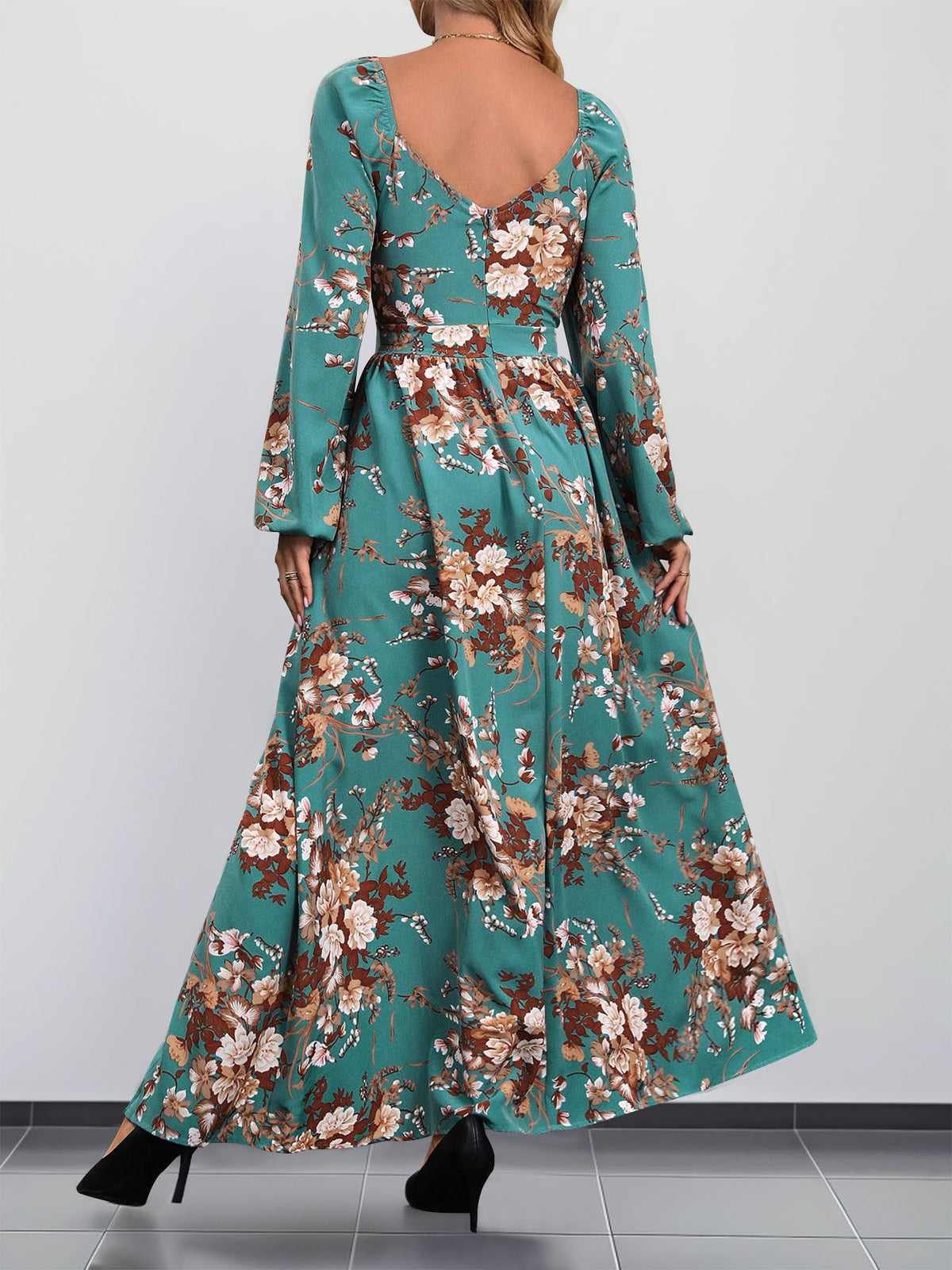 Floral Surplice Long Sleeve Maxi Dress - Green - 1