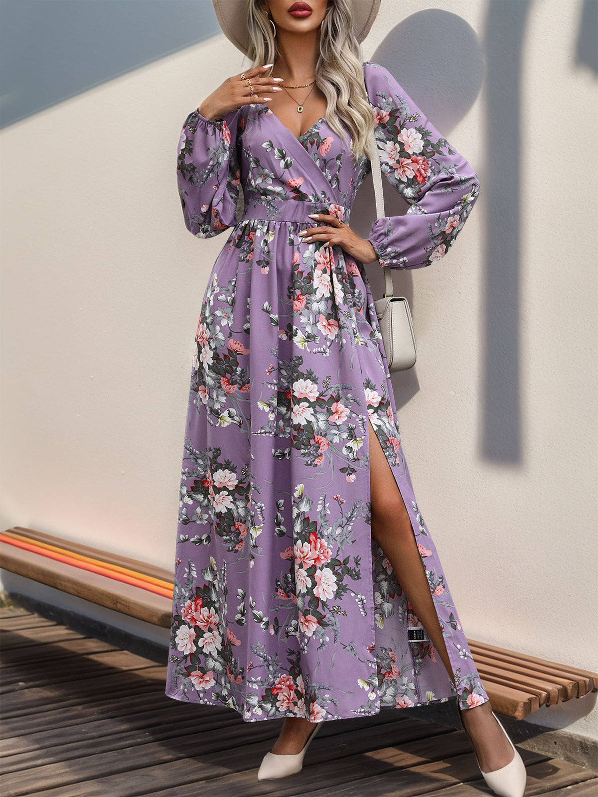 Floral Surplice Long Sleeve Maxi Dress - Purple - 1