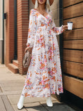 Floral Surplice Long Sleeve Maxi Dress - White