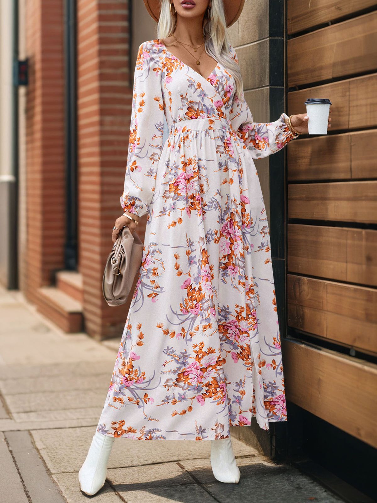 Floral Surplice Long Sleeve Maxi Dress - White