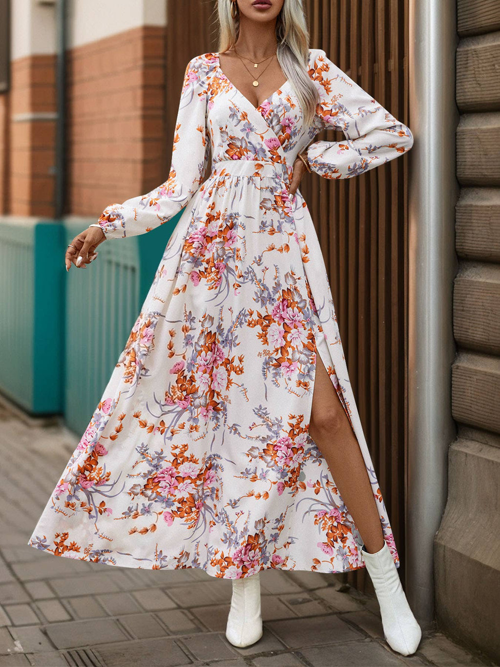 Floral Surplice Long Sleeve Maxi Dress