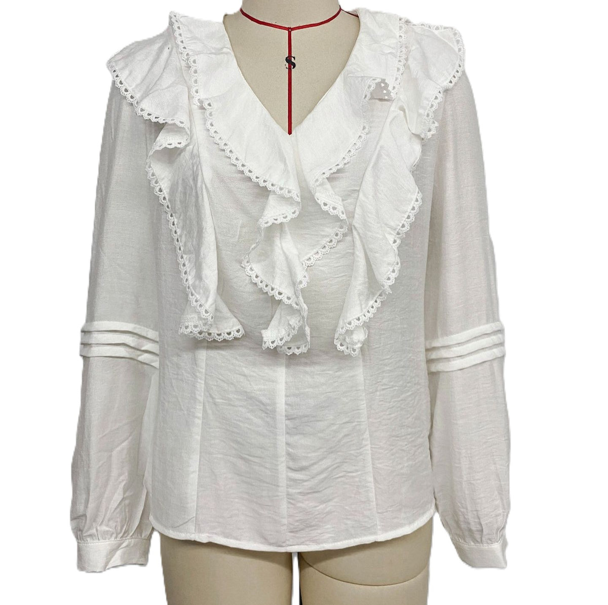 Ruffle Lace Trim V Neck Blouse - White