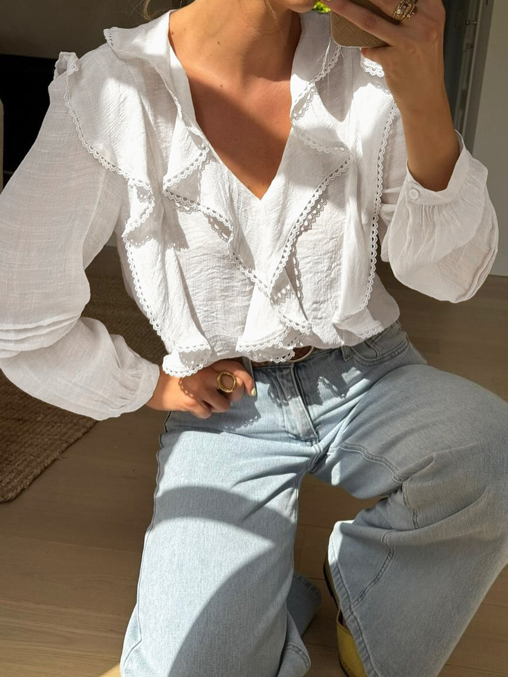 Ruffle Lace Trim V Neck Blouse - White - 2