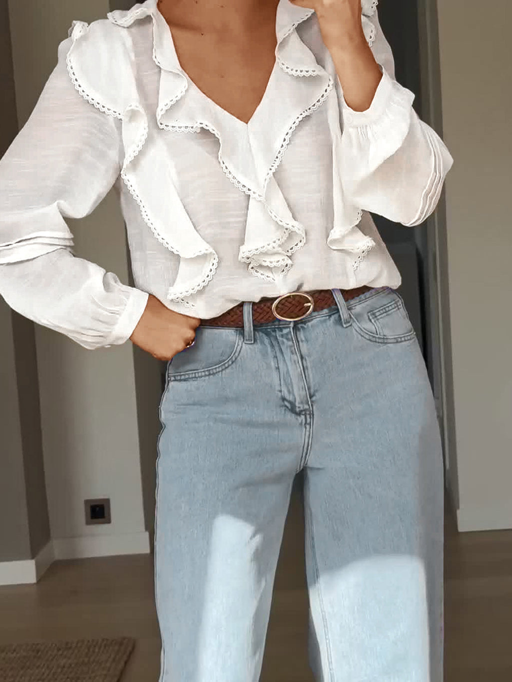 Ruffle Lace Trim V Neck Blouse - White - 4