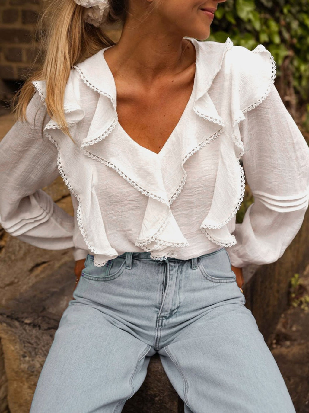 Ruffle Lace Trim V Neck Blouse - view 1