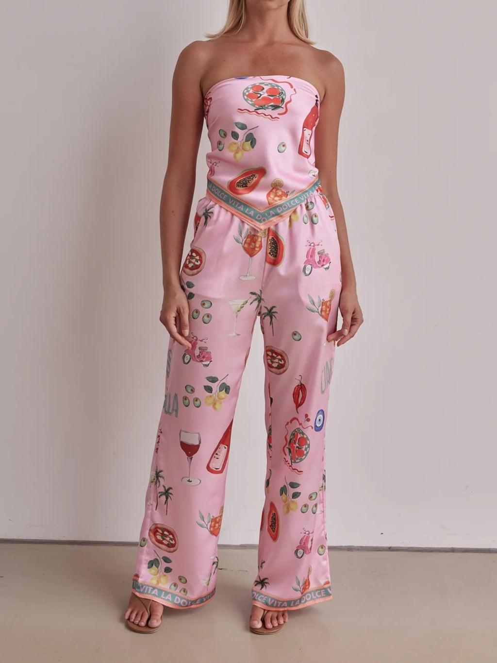 Strapless Wide Leg Resort Print Jumpsuit - Pink - 1