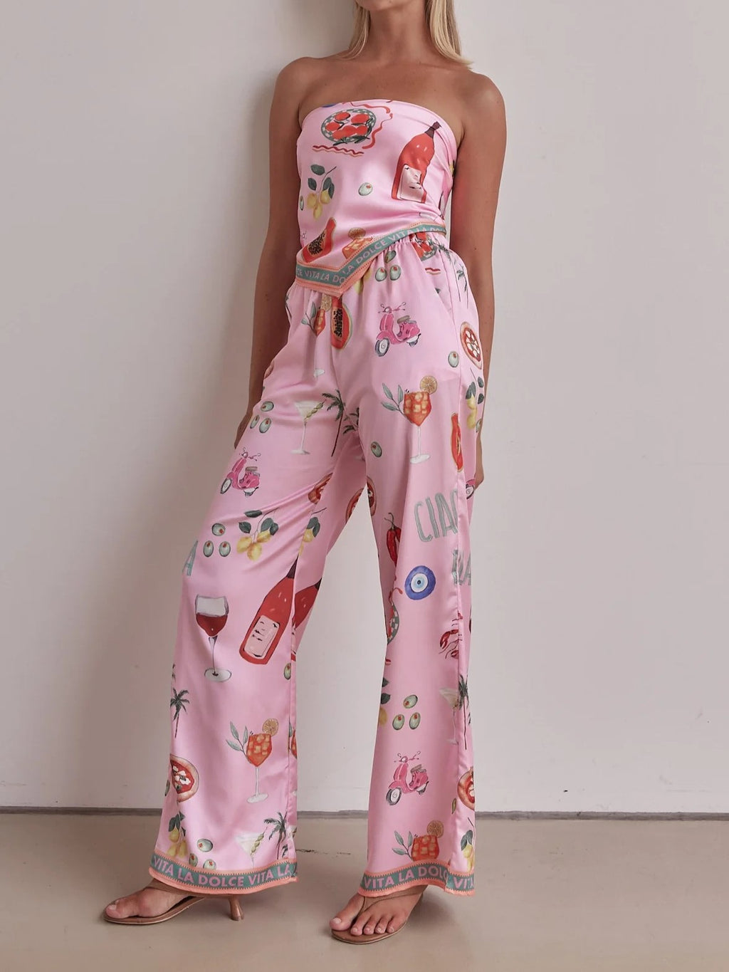 Strapless Wide Leg Resort Print Jumpsuit - Pink - 2