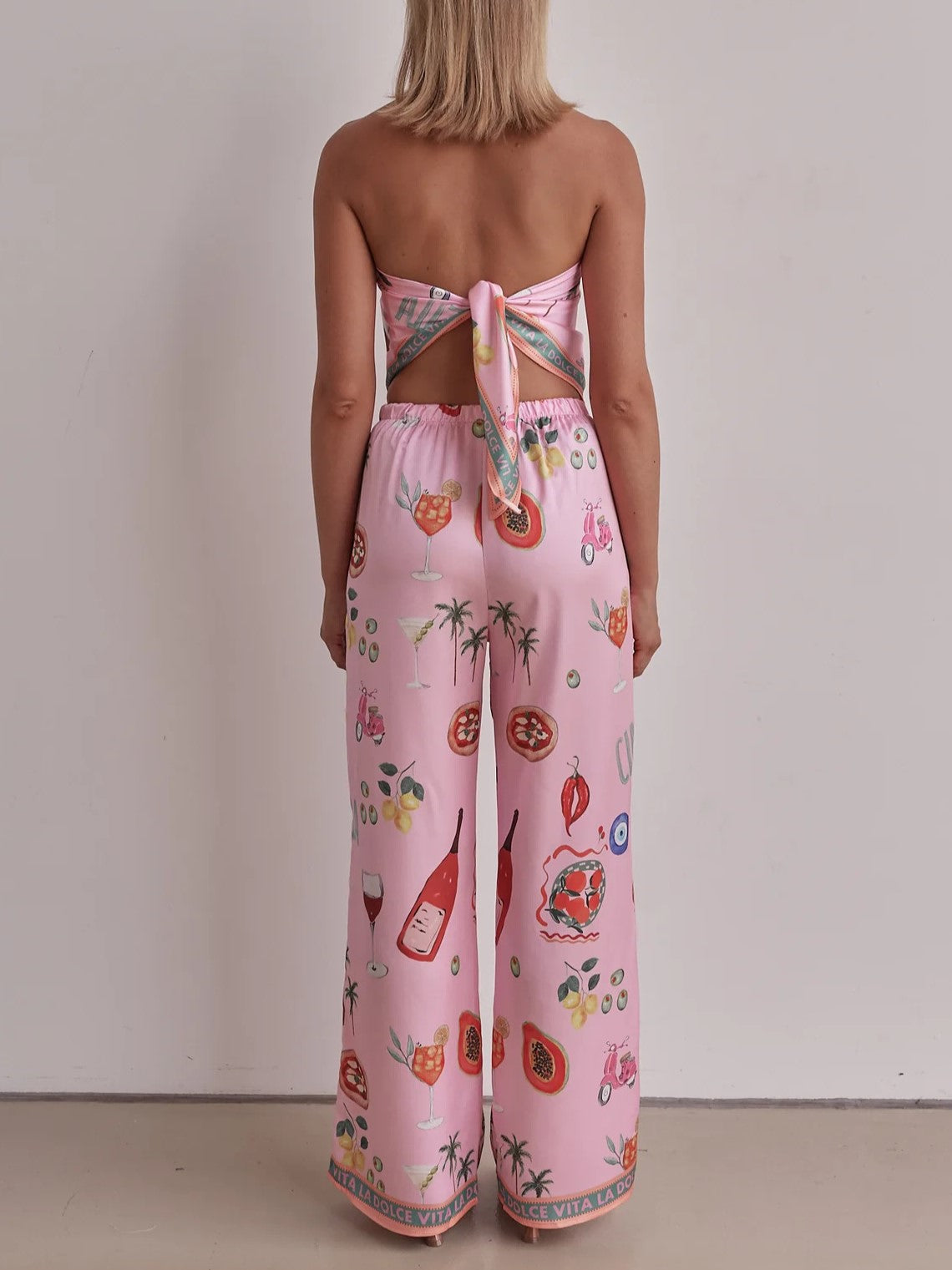 Strapless Wide Leg Resort Print Jumpsuit - Pink - 3