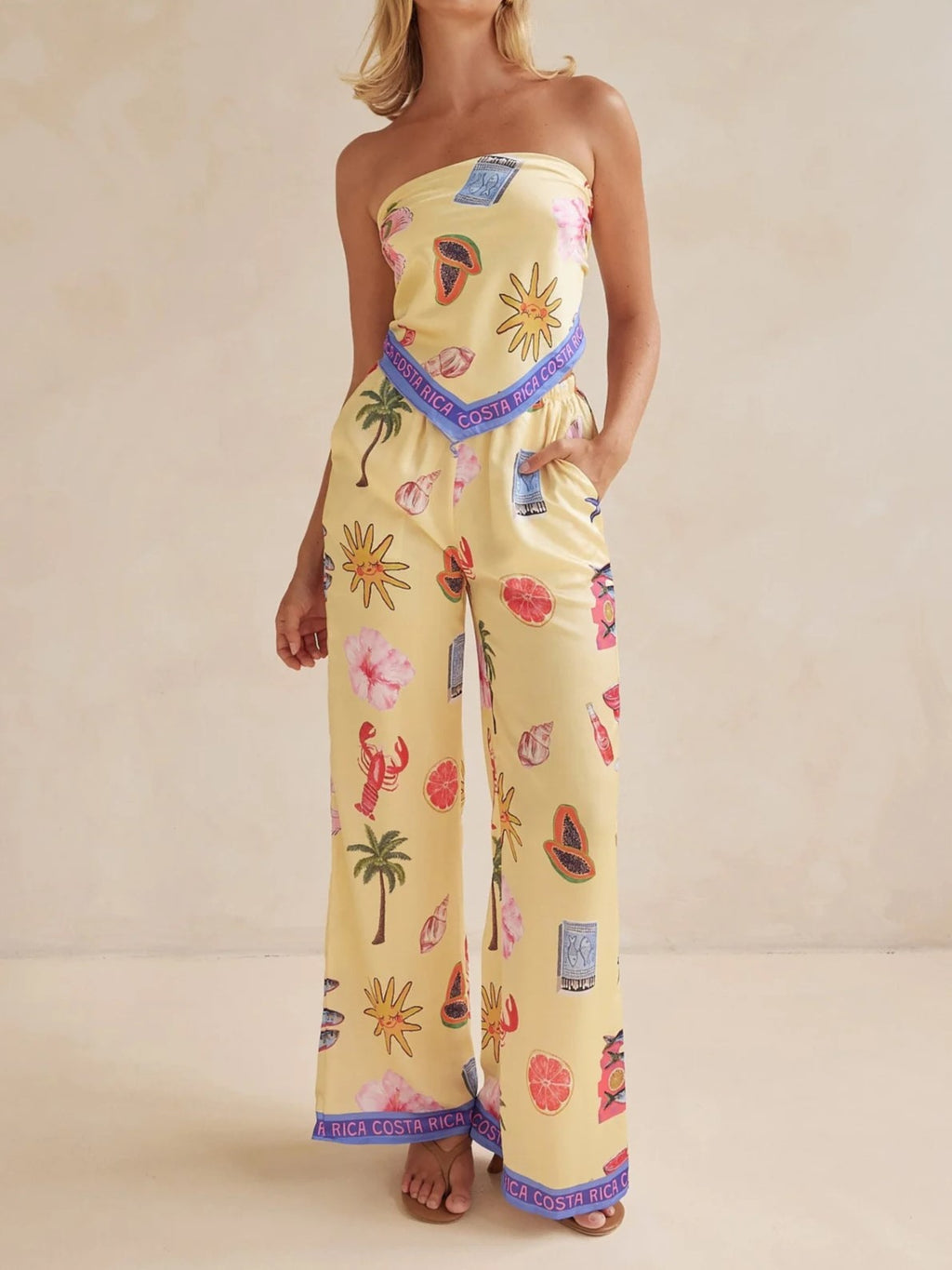 Strapless Wide Leg Resort Print Jumpsuit - Yellow