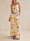 Strapless Wide Leg Resort Print Jumpsuit - Yellow