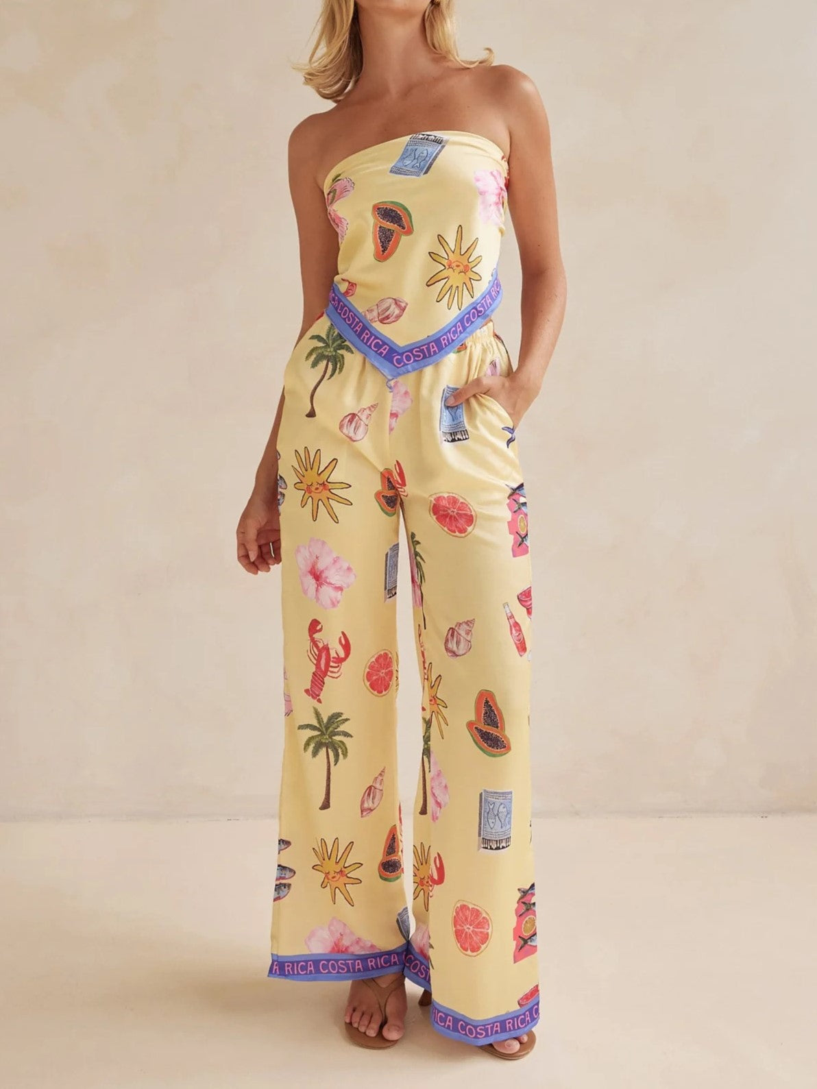 Strapless Wide Leg Resort Print Jumpsuit - Yellow