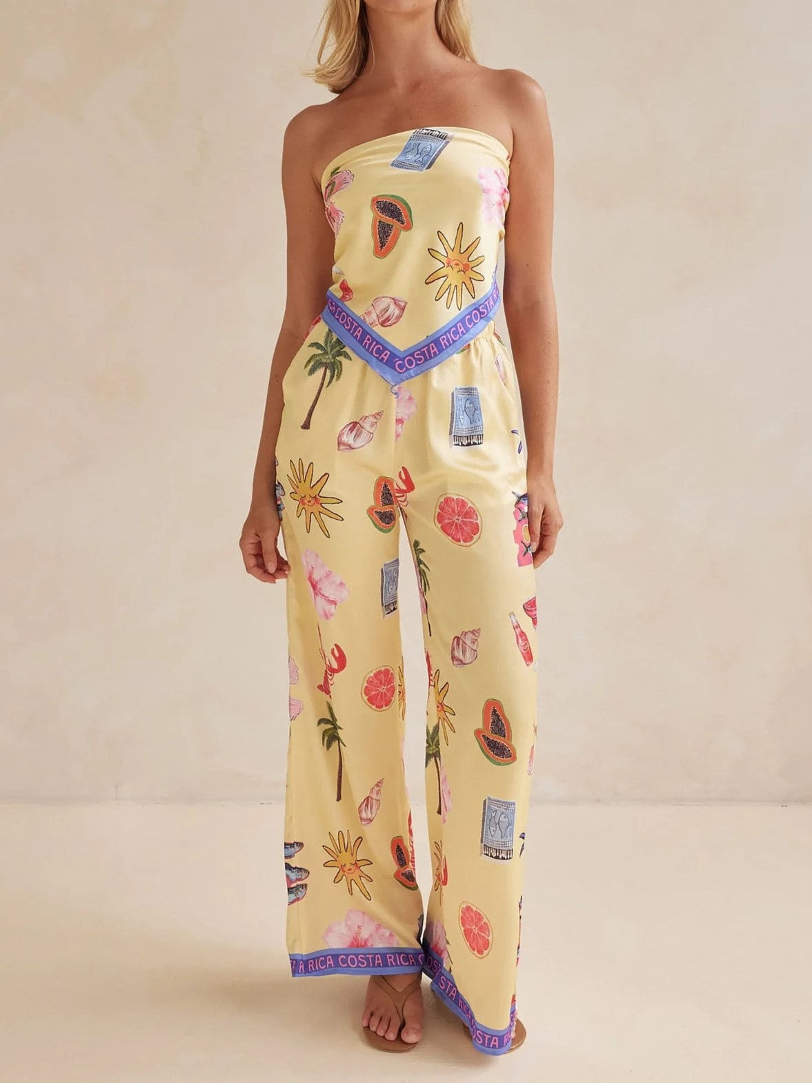 Strapless Wide Leg Resort Print Jumpsuit - Yellow - 1