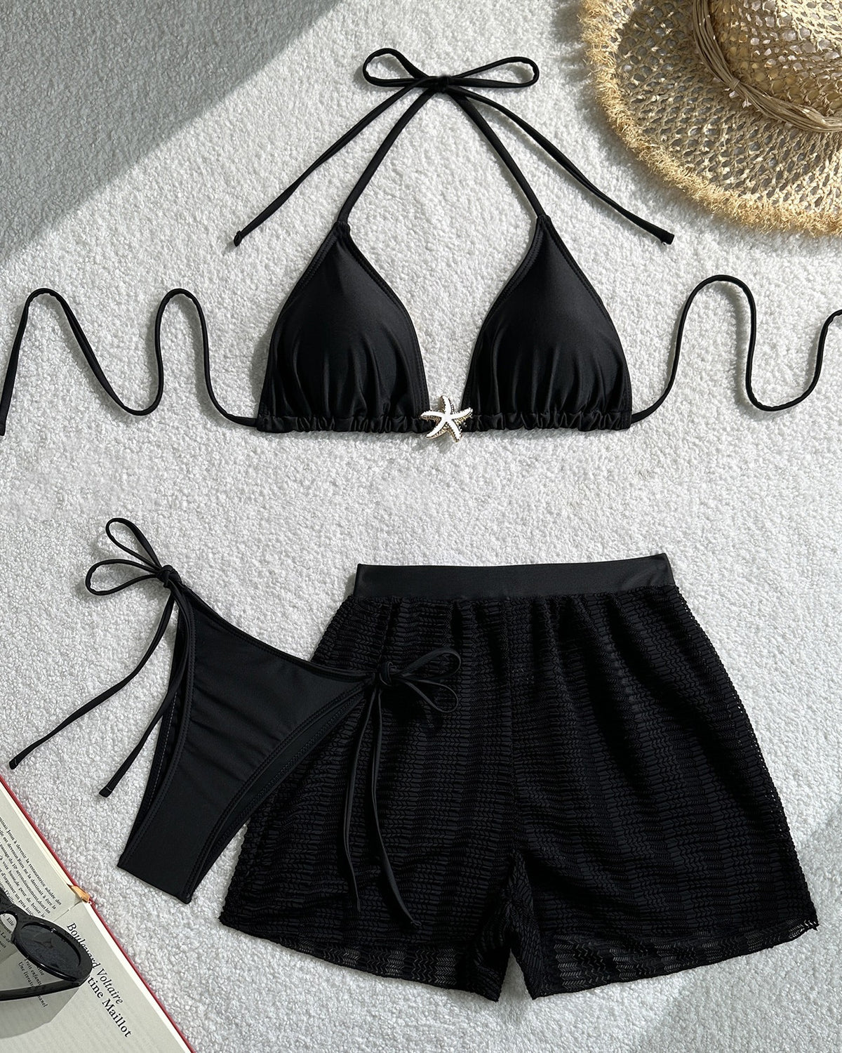Starfish Charm Halter Bikini and Mesh Shorts - Black