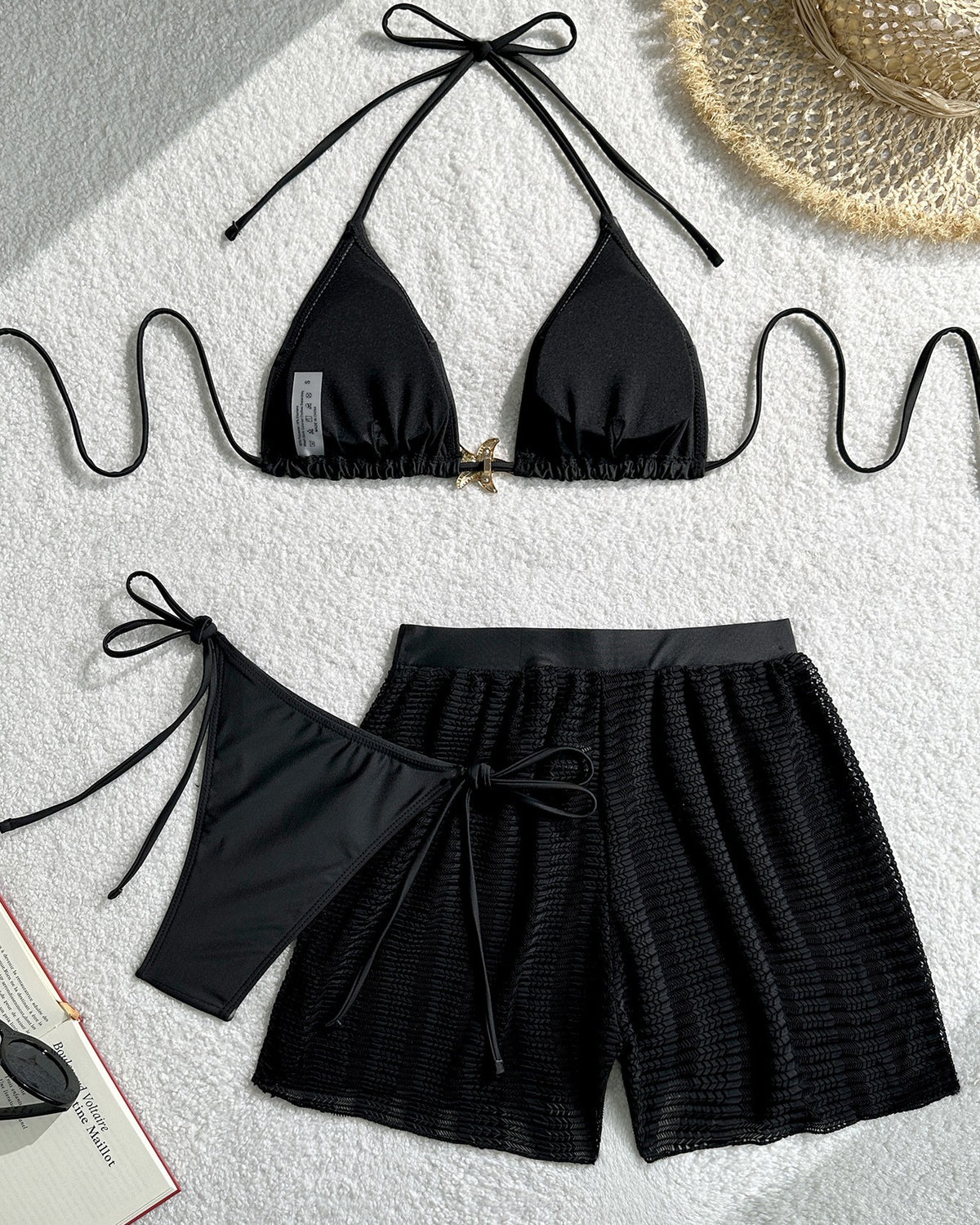 Starfish Charm Halter Bikini and Mesh Shorts - Black - 1