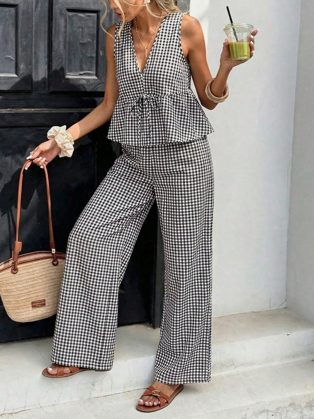 Ruffle Peplum Top And Wide Leg Pants Set - Grid