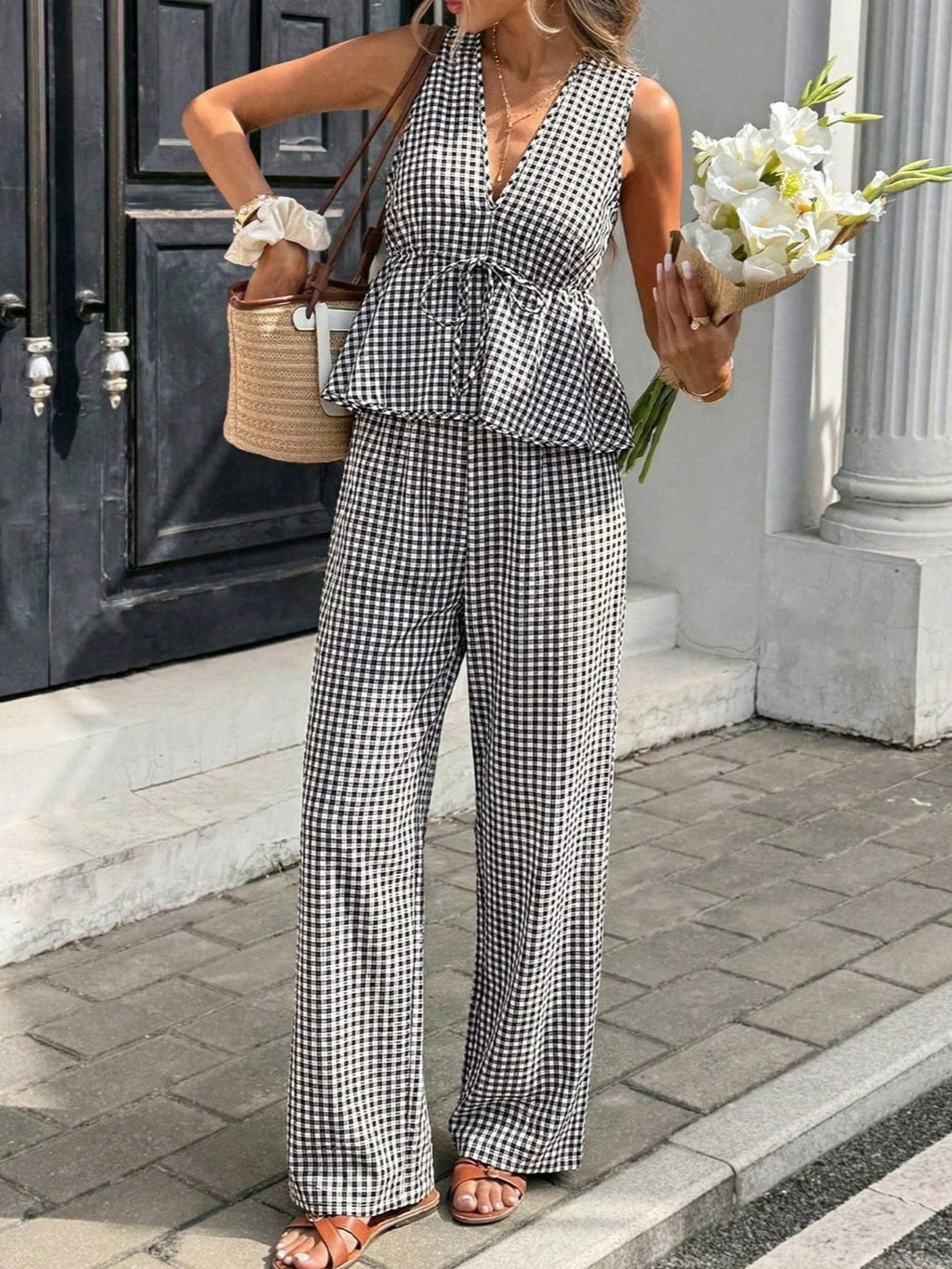 Ruffle Peplum Top And Wide Leg Pants Set - Grid - 1
