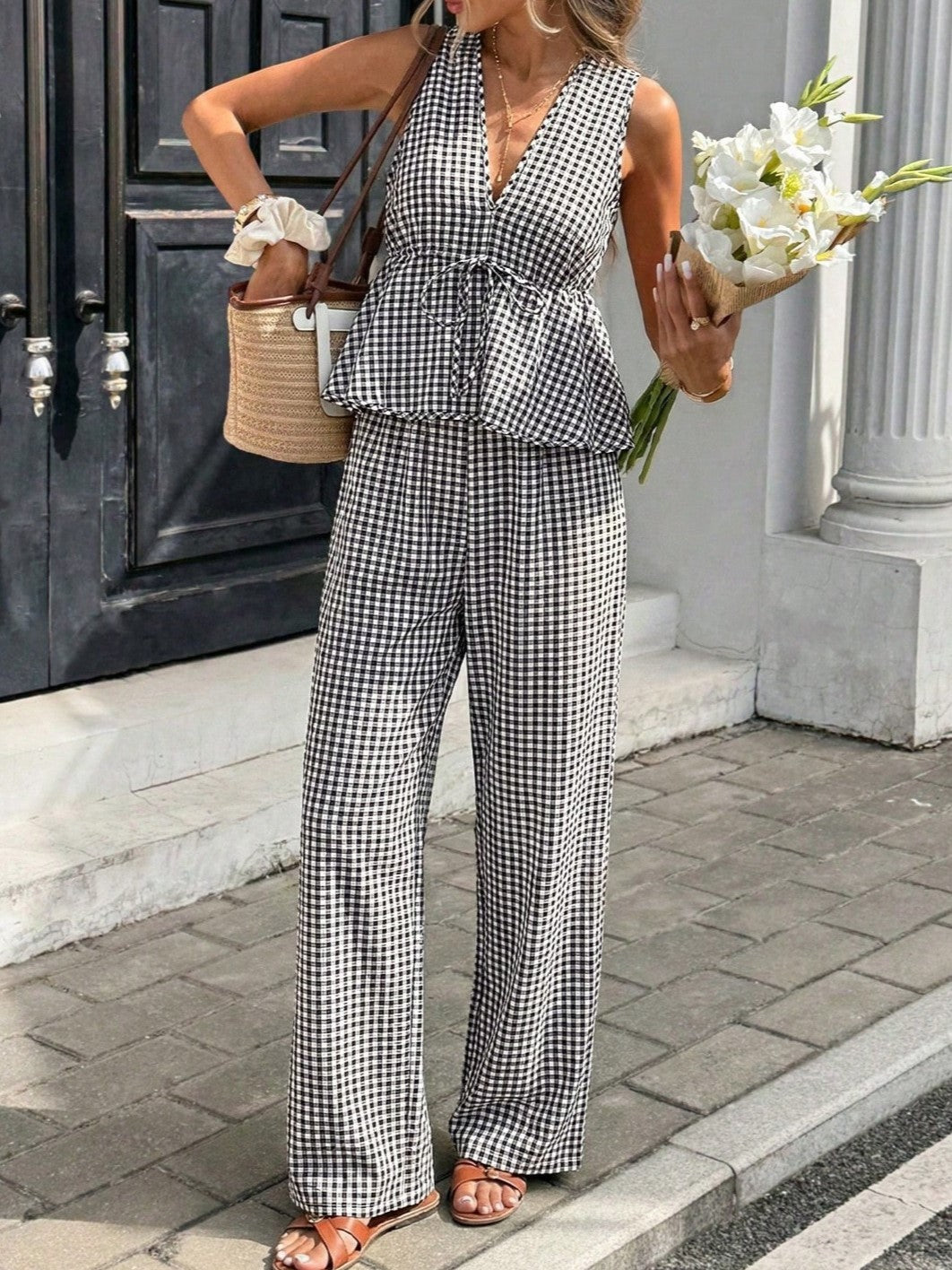 Ruffle Peplum Top And Wide Leg Pants Set - Grid - 1