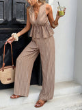 Ruffle Peplum Top And Wide Leg Pants Set - Khaki