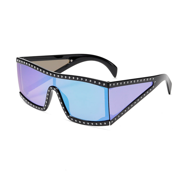 Studded One Piece Shield Sunglasses - Blue