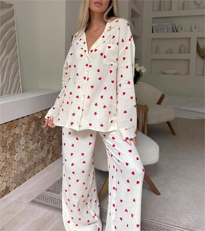 Heart Motif Crinkle Cotton Wide Leg Lounge Set - Apricot