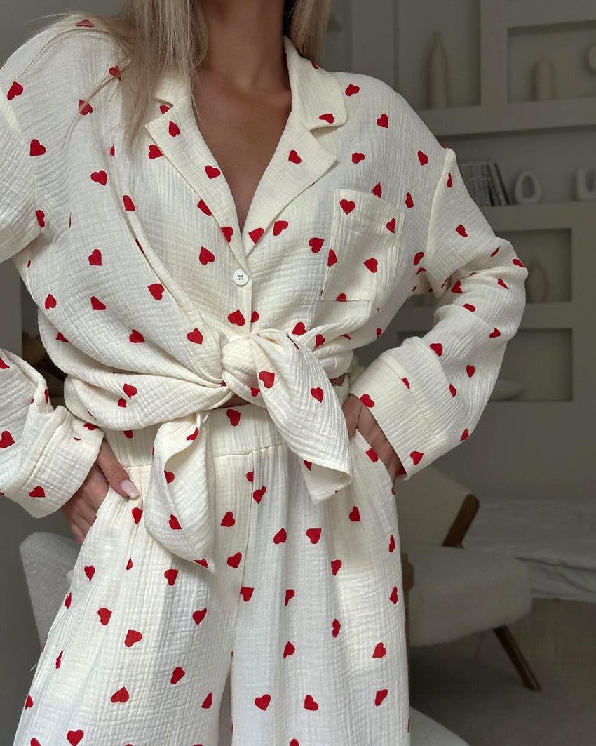 Heart Motif Crinkle Cotton Wide Leg Lounge Set - Apricot - 1