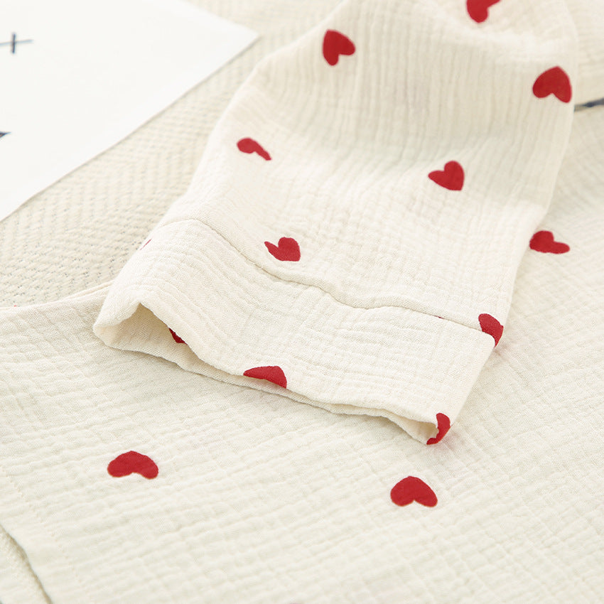Heart Motif Crinkle Cotton Wide Leg Lounge Set - Apricot - 11