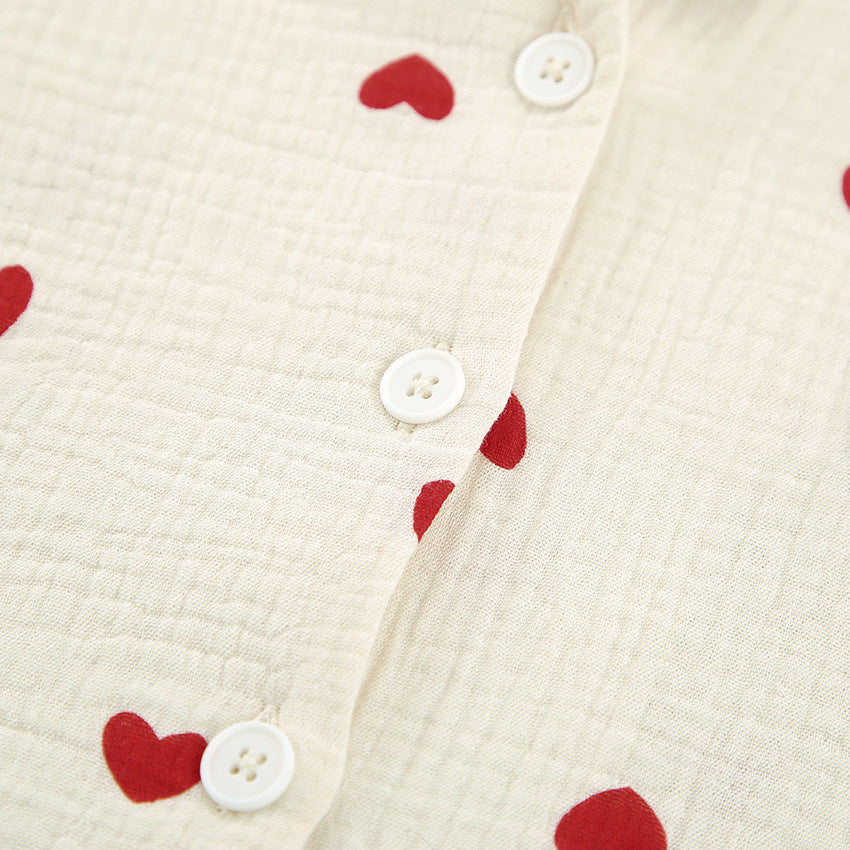 Heart Motif Crinkle Cotton Wide Leg Lounge Set - Apricot - 12