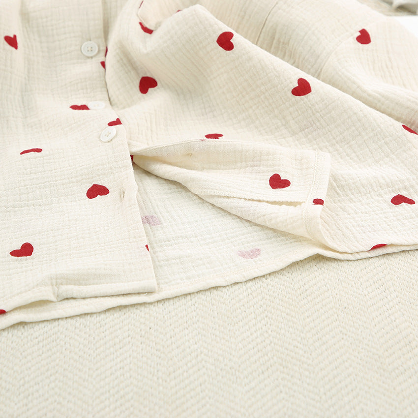 Heart Motif Crinkle Cotton Wide Leg Lounge Set - Apricot - 13