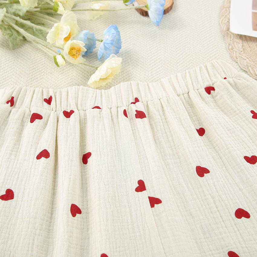Heart Motif Crinkle Cotton Wide Leg Lounge Set - Apricot - 14