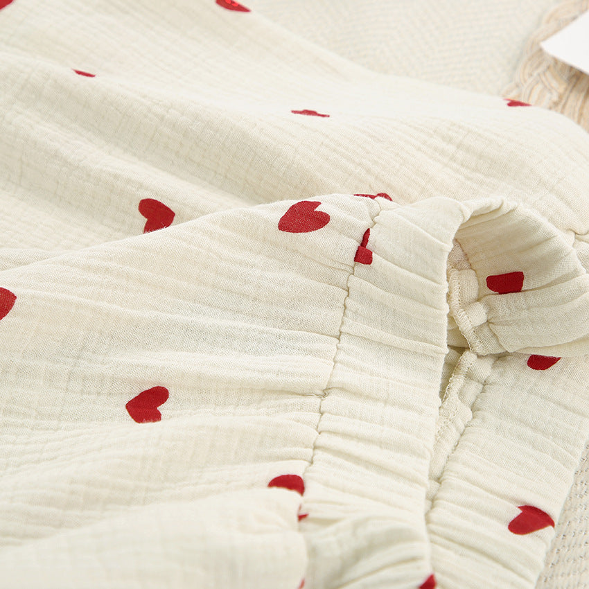 Heart Motif Crinkle Cotton Wide Leg Lounge Set - Apricot - 15