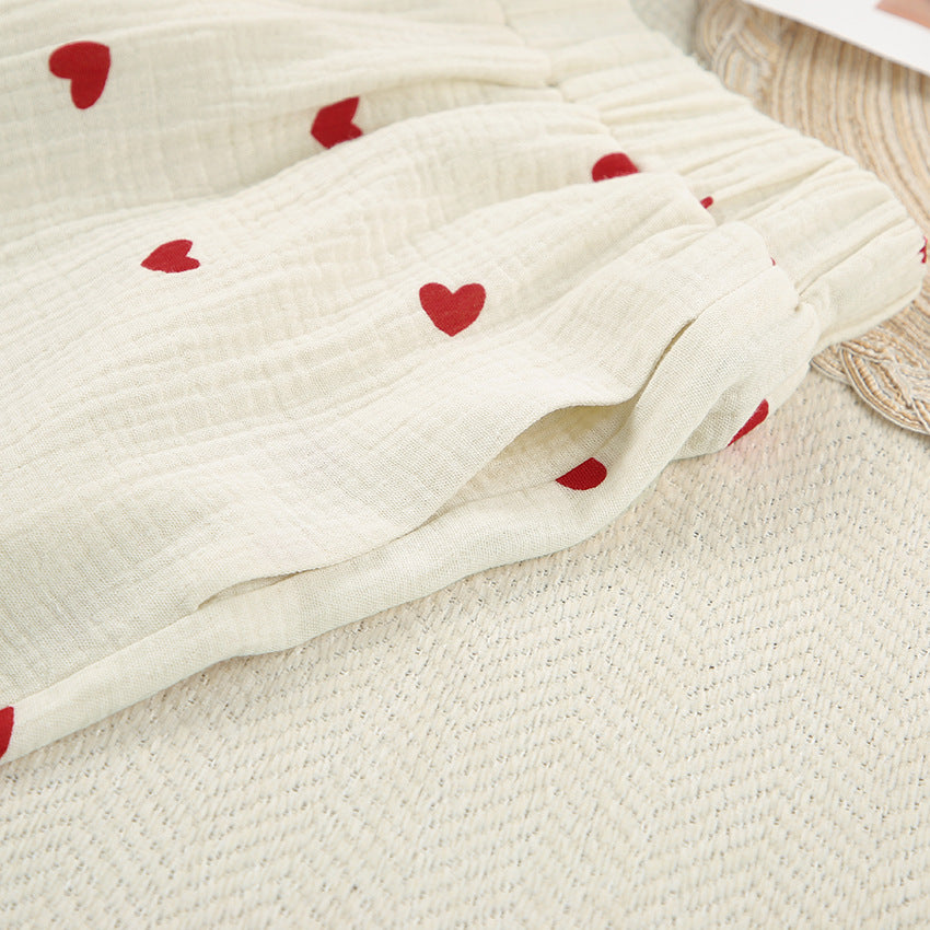 Heart Motif Crinkle Cotton Wide Leg Lounge Set - Apricot - 16