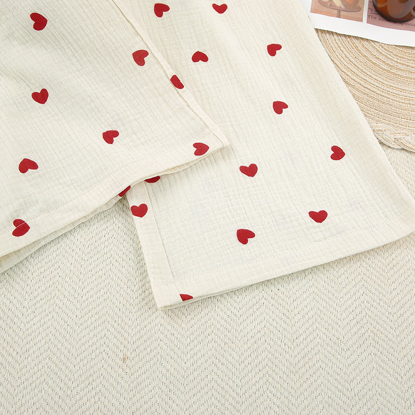 Heart Motif Crinkle Cotton Wide Leg Lounge Set - Apricot - 17
