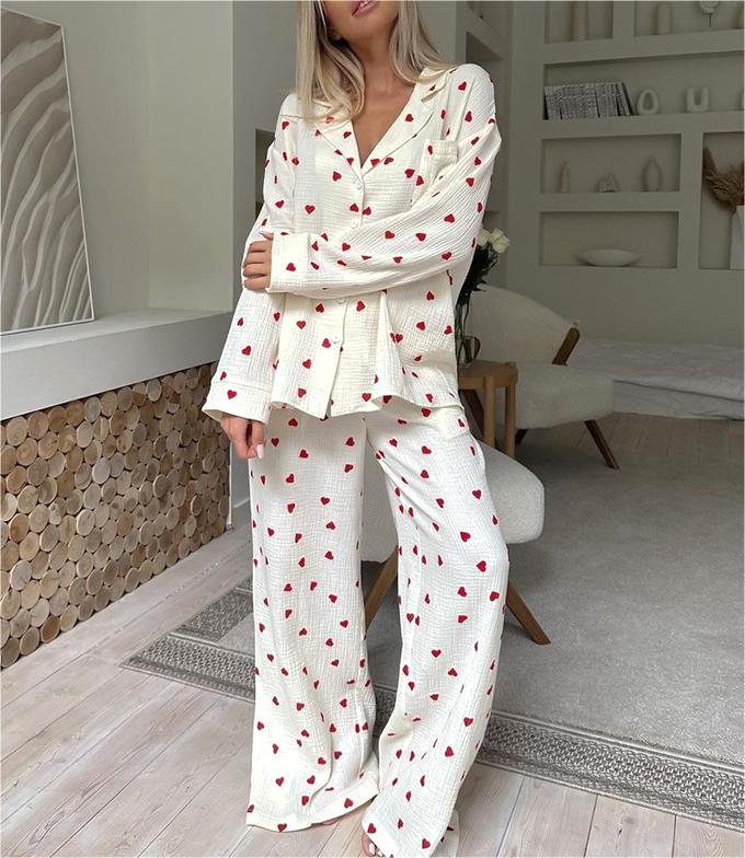 Heart Motif Crinkle Cotton Wide Leg Lounge Set - Apricot - 18