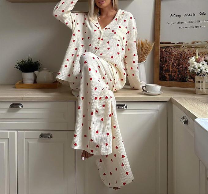 Heart Motif Crinkle Cotton Wide Leg Lounge Set - Apricot - 2
