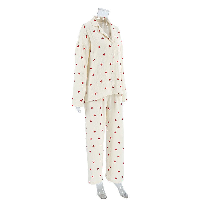 Heart Motif Crinkle Cotton Wide Leg Lounge Set - Apricot - 5