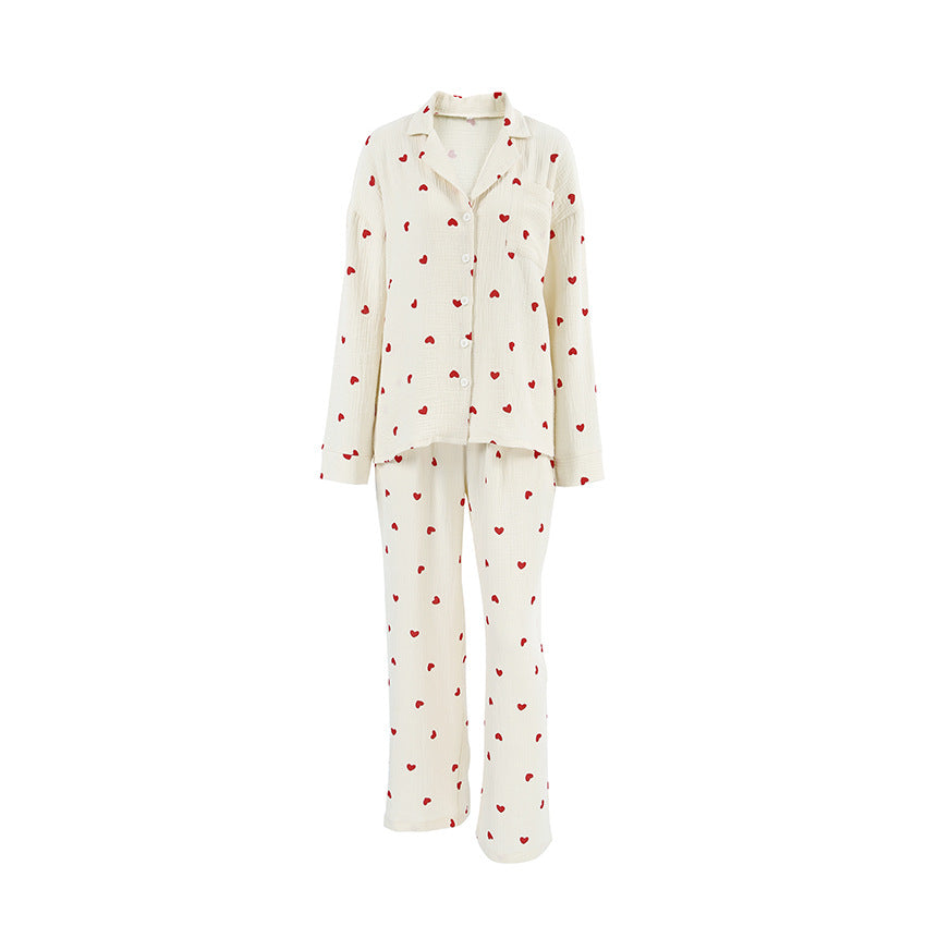 Heart Motif Crinkle Cotton Wide Leg Lounge Set - Apricot - 6