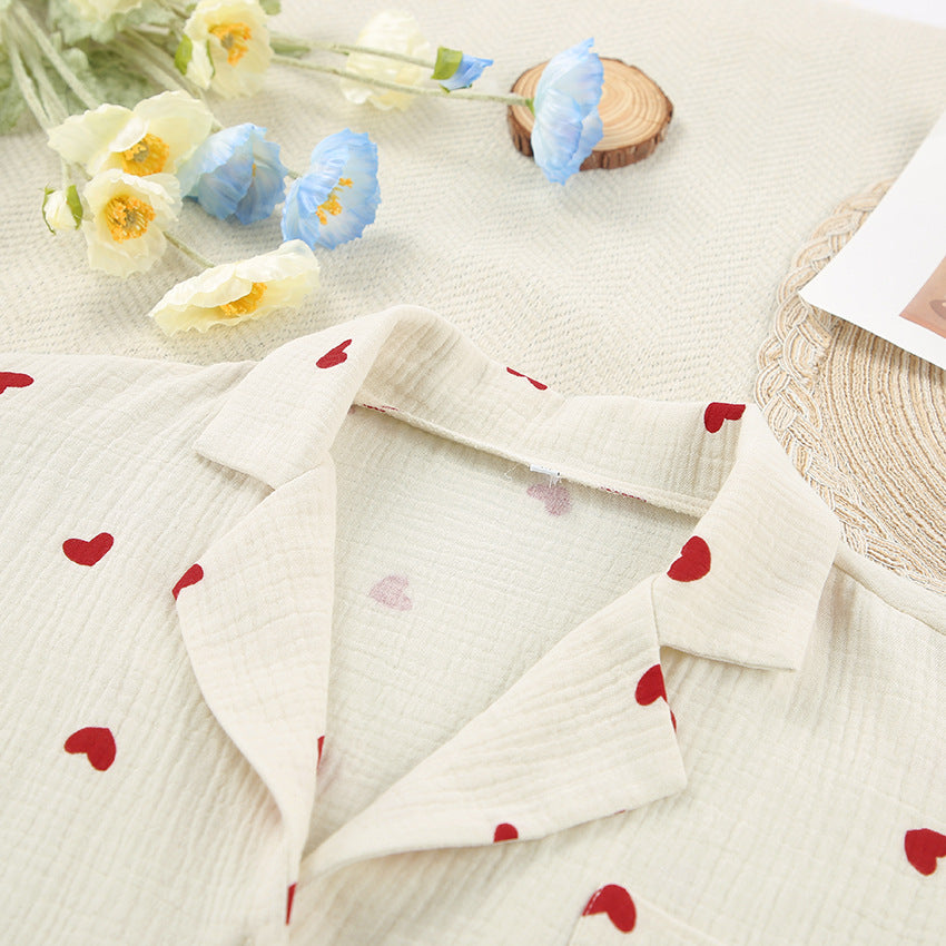 Heart Motif Crinkle Cotton Wide Leg Lounge Set - Apricot - 8