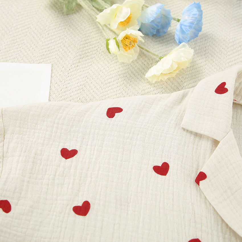 Heart Motif Crinkle Cotton Wide Leg Lounge Set - Apricot - 9
