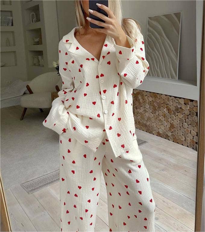Heart Motif Crinkle Cotton Wide Leg Lounge Set