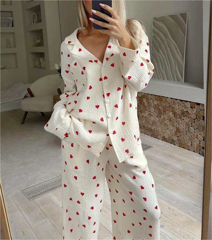 Heart Motif Crinkle Cotton Wide Leg Lounge Set - view 1