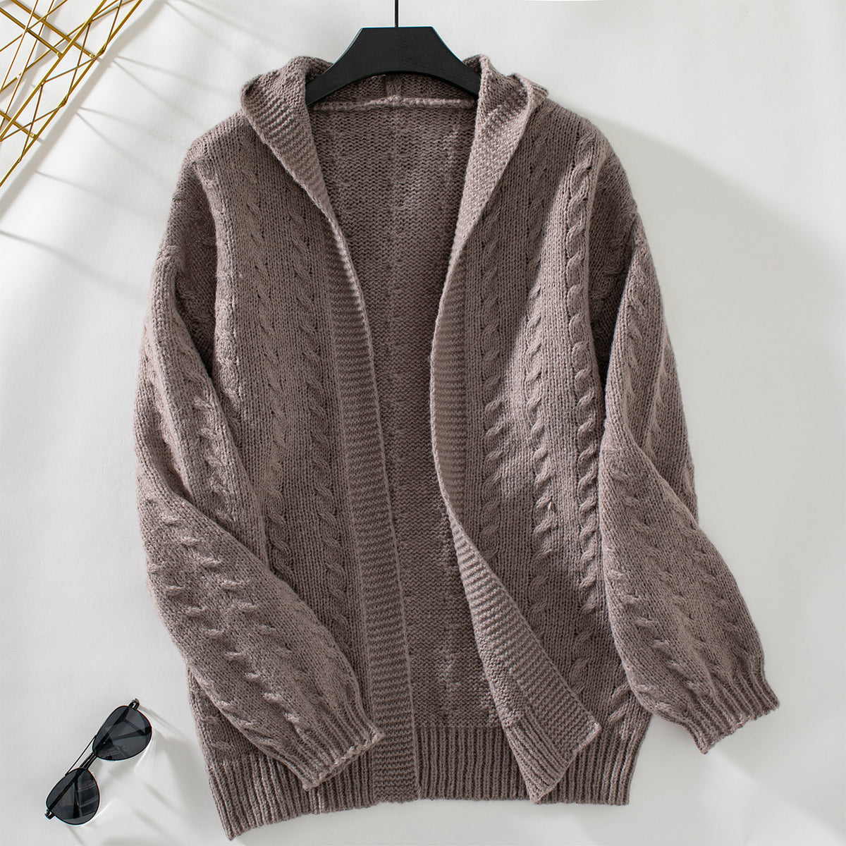 Cable Knit Hooded Open Cardigan - Curry
