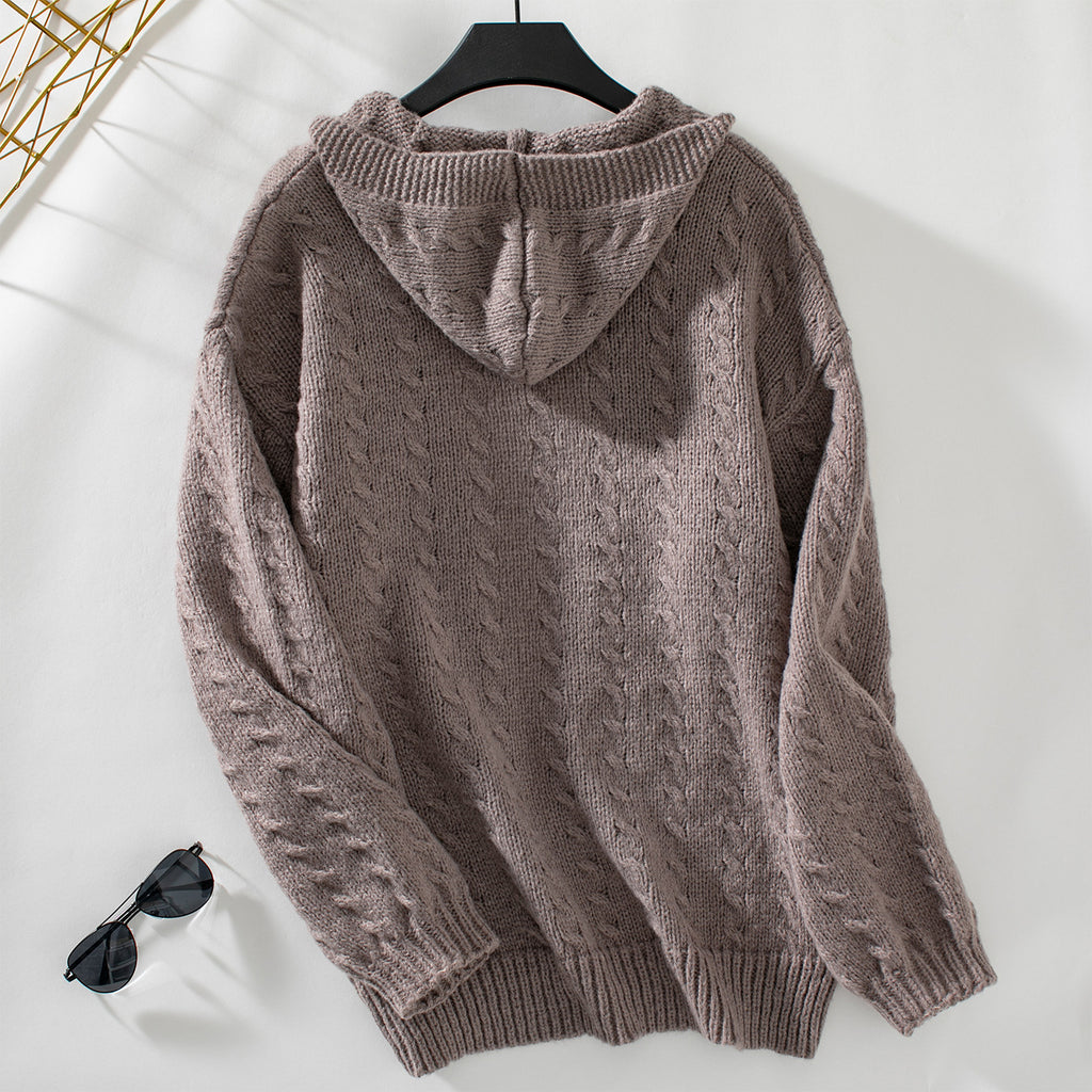 Cable Knit Hooded Open Cardigan - Curry - 1
