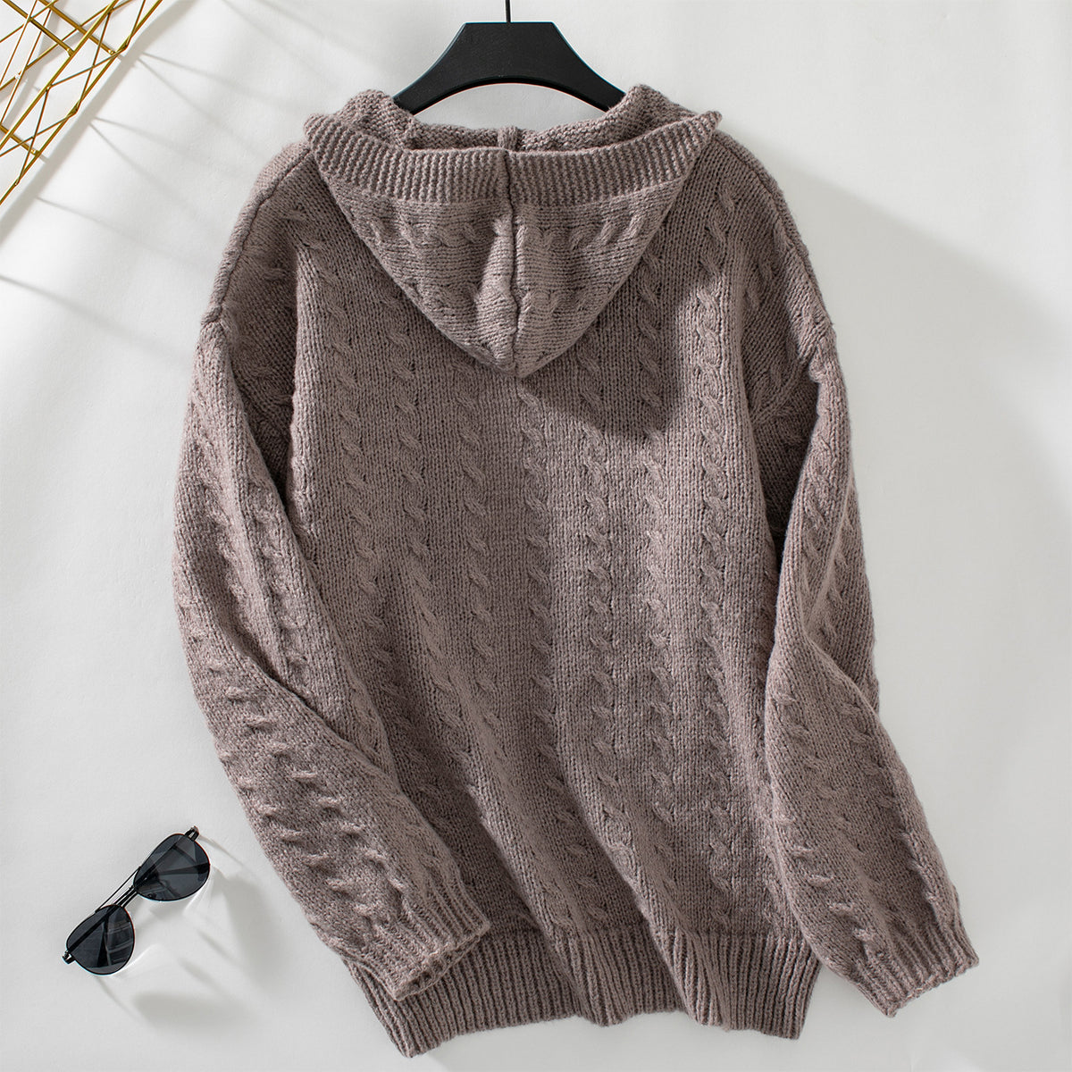 Cable Knit Hooded Open Cardigan - Curry - 1