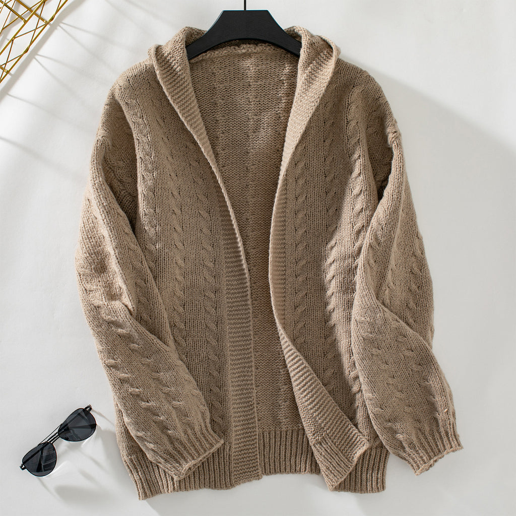 Cable Knit Hooded Open Cardigan - Khaki